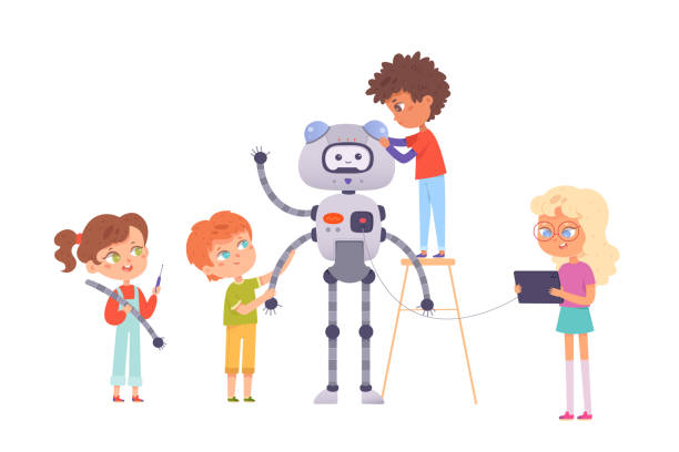Robot construction by children engineers, talent girls and boys making diy model of robot Robot construction by children engineers vector illustration. Cartoon talent girls and boys making diy model of robot in robotics club, happy little kids creating digital tech project and coding child robot class stock illustrations