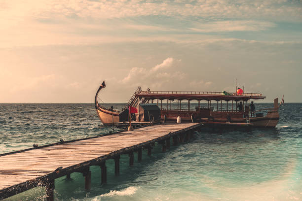 Maldives perfect paradise beach with wooden bridge jetty and turquoise sea