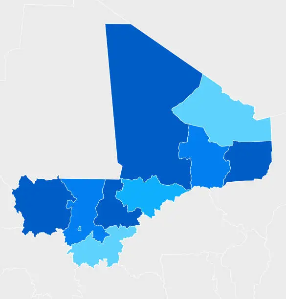 Vector illustration of High detailed Mali Blue map with Regions and national borders