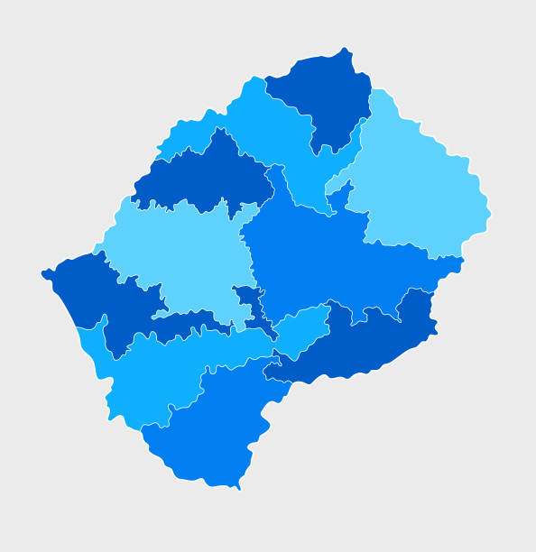 illustrazioni stock, clip art, cartoni animati e icone di tendenza di mappa blu del lesotho altamente dettagliata con regioni e confini nazionali - lesotho