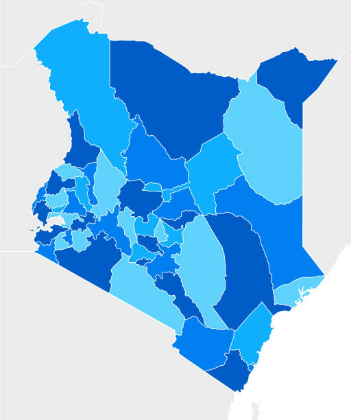 szczegółowa mapa kenii blue z regionami i granicami państwowymi - symbol sign vector republic of djibouti stock illustrations