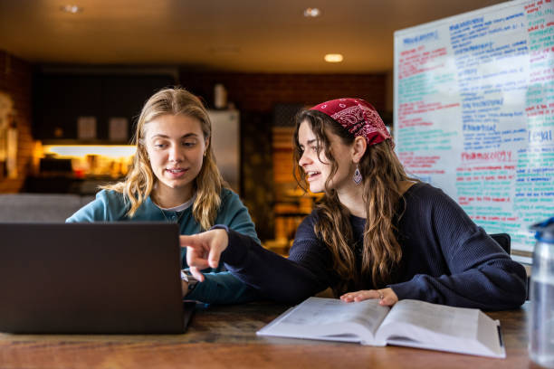 Female college students working on a laptop at college stock photo