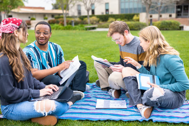 istock Friends studying on the grass field at college 1465708888