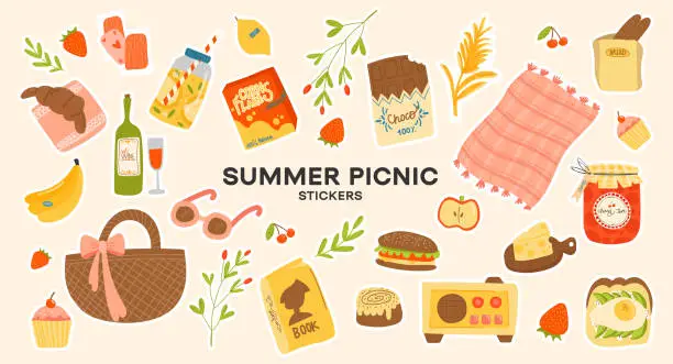 Vector illustration of Collection of picnic items. Includes, basket, rug, cakes, pie, radio, cherries, and other desserts. Vector illustration, stickers, concept of summer outdoor dining in cartoon style. on isolated background