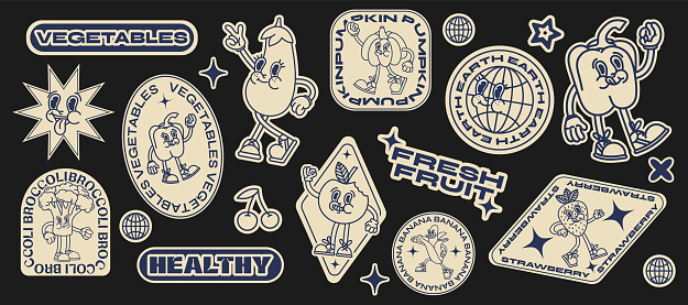 healthy food characters stickers, fruits vegetables and typography