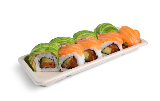 istock maki sushi tray with salmon and avocado isolated on white background 1465712566