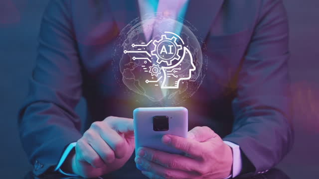 AI artificial intelligence icon and globe hologram above smartphone.