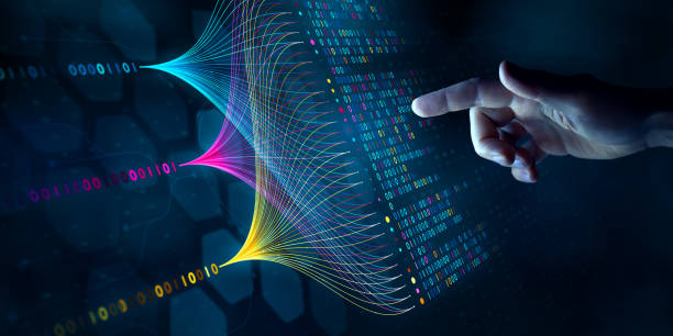 Big data technology and data science. Data scientist querying, analysing and visualizing complex data set on virtual screen. Data flow concept. Neural network, artificial intelligence, ML, analytics. Big data technology and data science. Data scientist querying, analysing and visualising complex data set on virtual screen. Data flow concept. Neural network, artificial intelligence, ML, analytics. data scientist stock pictures, royalty-free photos & images