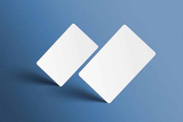 istock Mockup of 2 universal gift cards in  perspective on isolated blue colour background. 3D render mock up business cards standing on the corner with shadows. Invite, identity, stationery, empty mock-up 1465725474