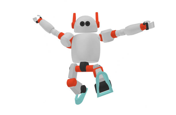 istock Cute robot with hand up and jumping in the air white background. Technology concept. 3d rendering 1465727886