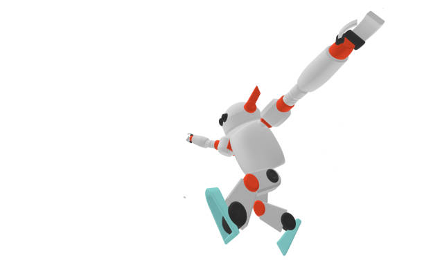 Cute robot with hand up and jumping in the air white background. Technology concept. 3d rendering