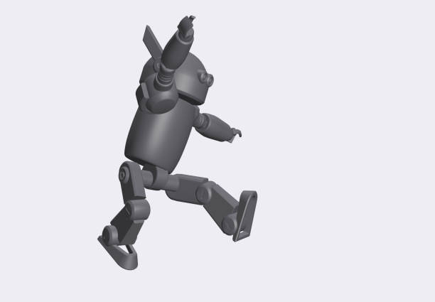 istock Cute robot with hand up and jumping in the air white background. Technology concept. 3d rendering 1465727908