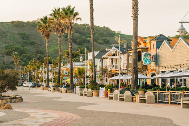 promenade de la ville d’avila beach remplie de restaurants, de boutiques, de patios, de bancs et d’œuvres d’art. coucher de soleil dans la ville, heure du dîner - san luis obispo county photos et images de collection