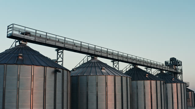 Aerial view of Agricultural silos at dusk