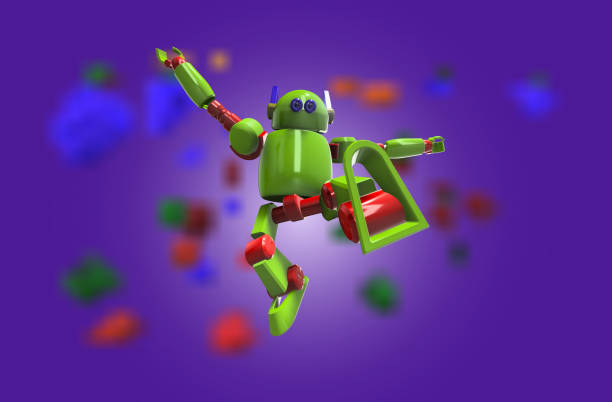 Cute robot yellow with hand up and jumping in the air ,with vegetable and mixed fruit,Grape, pumpkin, watermelon, banana, tomato, bell pepper on blue background. Technology concept. 3d rendering