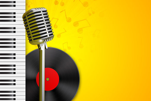Background with retro microphone on stage with vinyl. Classical music flyer. EPS10 vector