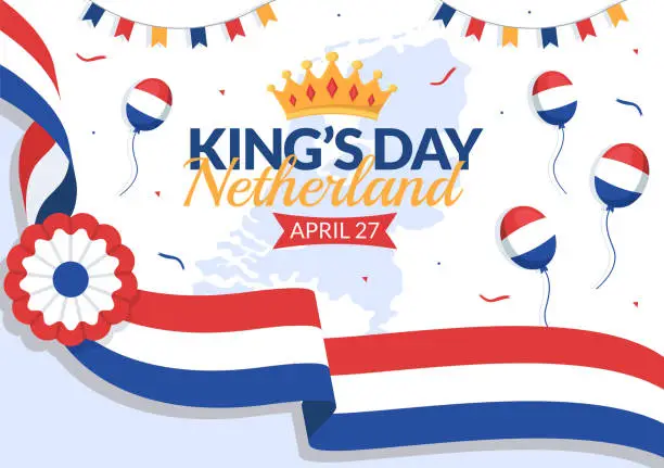Vector illustration of Happy Kings Netherlands Day Illustration with Waving Flags and King Celebration for Web Banner or Landing Page in Flat Cartoon Hand Drawn Templates