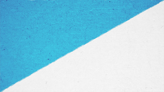 A horizontal vector illustration of textured gradient bright bright blue and white backdrop divided diagonally into half by contrast colors. All over abstract smudges or wood board pattern with ample copy space, no people and no text. Can be used as wallpapers, textures templates and designs.