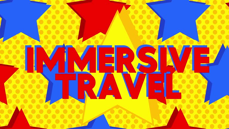 Animated Red Blue Yellow Stars with Immersive Travel Text.