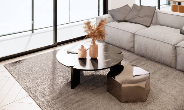 mockup modern interior room design close-up coffee table. minimal apartment ideas. 3d rendering living room