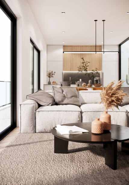 istock 3d rendering minimal white color apartment ideas. mockup modern interior room design and decoration furniture fabric sofa. vertical image 1465742819
