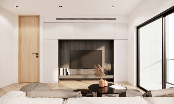istock 3d rendering mockup modern interior room design and decoration in white color wall with furniture and smart television. minimal apartment ideas 1465742827