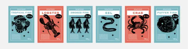 Vector illustration of Tropical fish, lobster, smoked fish, eel, crab, puffer fish. Set of posters of fishes and seafood in a abstract draw design. Label or poster, price tag. Simple, flat design. Patterns and backgrounds.