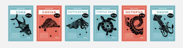 Vector illustration of Tuna, caviar, cuttlefish, turtle meat, octopus, squid. Set of posters of fishes and seafood in a abstract draw design. Label or poster, price tag. Simple, flat design. Patterns and backgrounds.