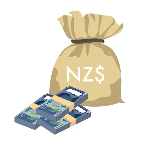 Vector illustration of Заголовок	
New Zealand Dollar Vector Illustration. New Zealand money set bundle banknotes. Money bag 10 NZD. Flat style. Isolated on white background. Simple minimal design.