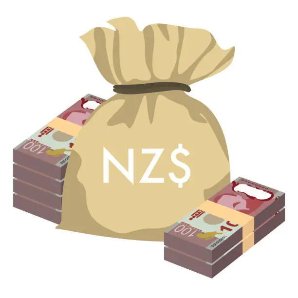 Vector illustration of Заголовок	
New Zealand Dollar Vector Illustration. New Zealand money set bundle banknotes. Money bag 100 NZD. Flat style. Isolated on white background. Simple minimal design.