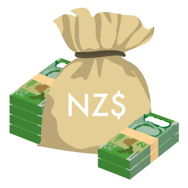 Vector illustration of Заголовок	
New Zealand Dollar Vector Illustration. New Zealand money set bundle banknotes. Money bag 20 NZD. Flat style. Isolated on white background. Simple minimal design.