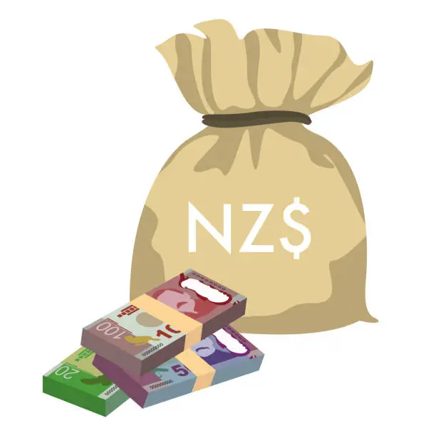 Vector illustration of Заголовок	
New Zealand Dollar Vector Illustration. New Zealand money set bundle banknotes. Money bag 20, 50, 100 NZD. Flat style. Isolated on white background. Simple minimal design.