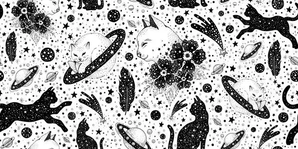 Vector illustration of Mystic cat pattern. Anime tattoo space background. Japanese black tatoo with sleeping cat. Girl witchcraft cute art. Old esoteric Galaxy wallpaper. Halloween witch abstract seamless black line pattern