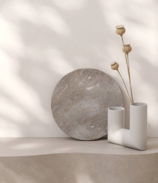istock Blank beige cement texture curve counter podium in dappled sunlight, leaf shadow on white wall, flat round rock, opium poppy in vase 1465749922
