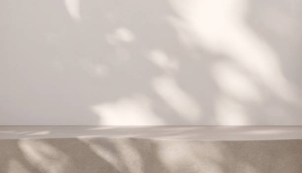 blanco de cemento marrón contador de podio con textura, suave y hermosa luz solar moteada, sombra de hoja en la pared blanca - beauty spa fotos fotografías e imágenes de stock