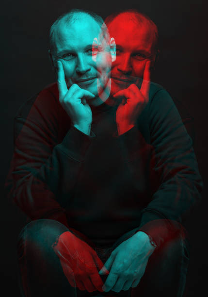 istock Happy man with sweatshirt studio portrait in glitch and RGB color split effect style 1465750017