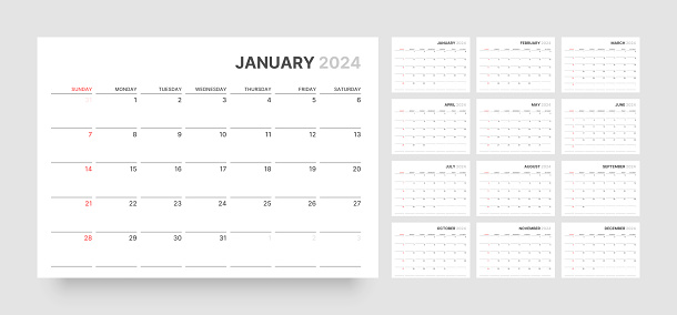 Monthly calendar template for 2024 year. Wall calendar in a minimalist style. Week Starts on Sunday. Planner for 2024 year.