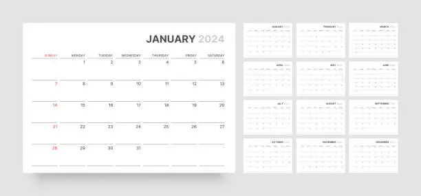 Vector illustration of Monthly calendar for 2024 year. Starts on Sunday.