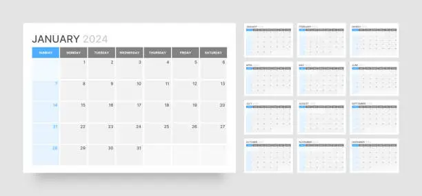 Vector illustration of Monthly calendar for 2024 year. Starts on Sunday.