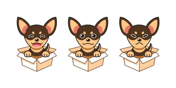 Vector illustration of Vector cartoon illustration set of chihuahua dog showing different emotions in cardboard boxes
