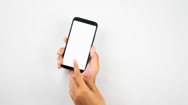 istock hands holding and show smartphone in white screen 1465754863