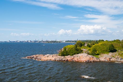 Panoramic view of Helsinki from the sea and Suomenlinna Fortress.