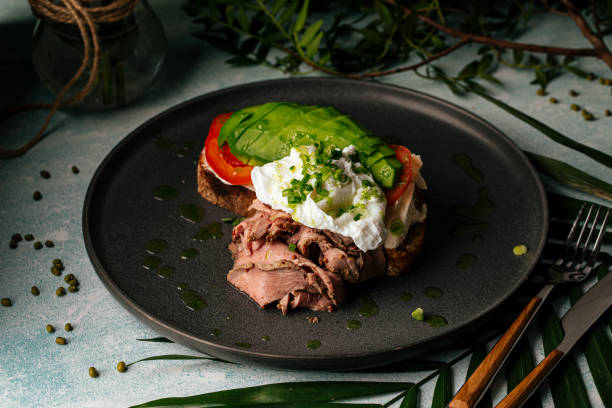 Avocado sandwich with roast beef and poached egg