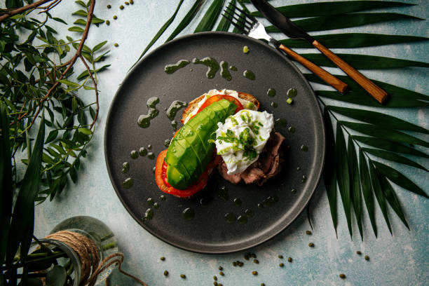 Avocado sandwich with roast beef and poached egg
