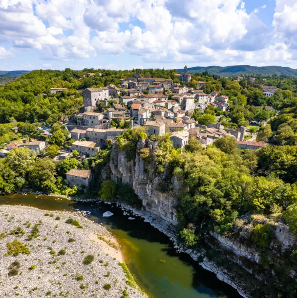 Aerial view of Balazuc, one of the most beautiful village in Ardeche, South of France, Europe