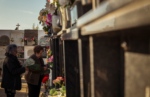 Two women, mother and daughter mourning in cemetery