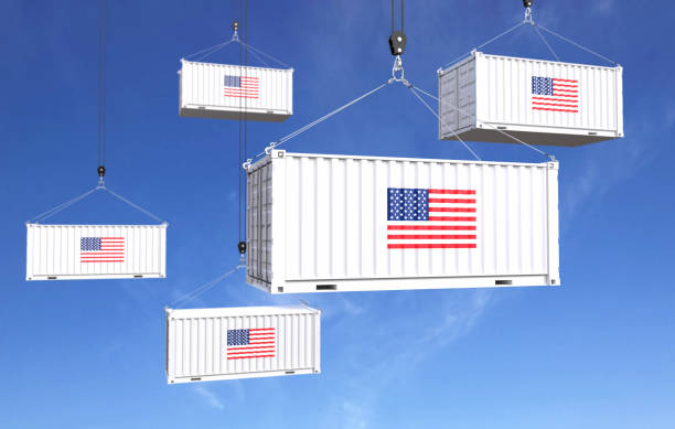 istock Container hanging with American flag on blue sky 1465765731