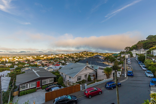 Wellington, New Zealand - April 01, 2020: A foggy day in Wellington, New Zealand