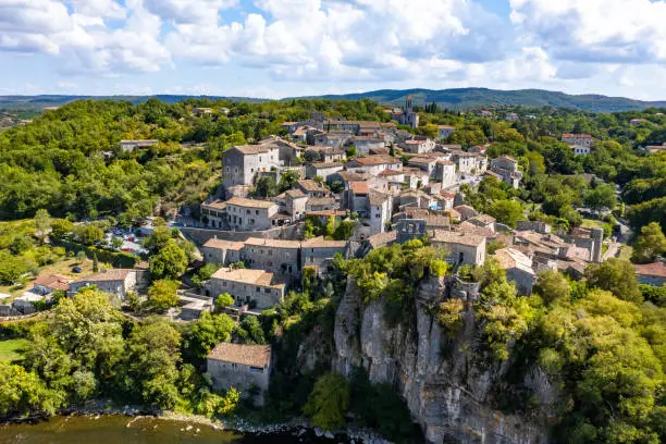 Aerial view of Balazuc, one of the most beautiful village in Ardeche, South of France, Europe
