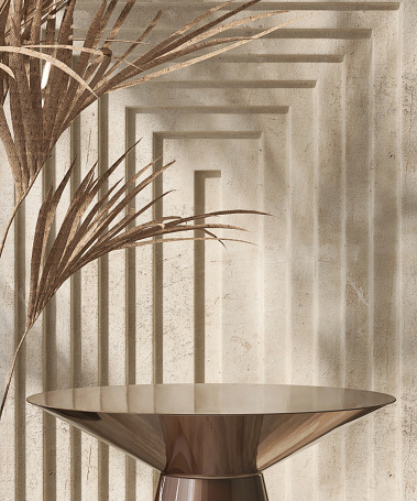 Round empty shiny bronze gold podium table, palm leaf in sunlight on brown rectangle geometric embossed pattern concrete wall for luxury cosmetic, skincare, beauty treatment product background 3D